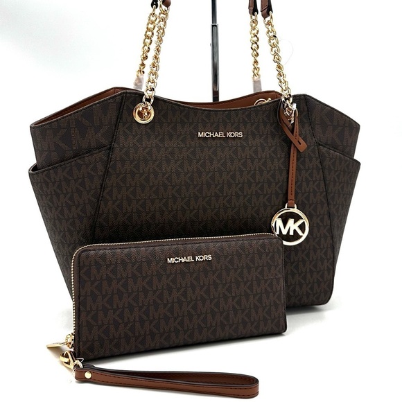 Michael Kors Large Jet Set Travel Chain Shoulder Bag & Continental Wallet Brown - Picture 3 of 15